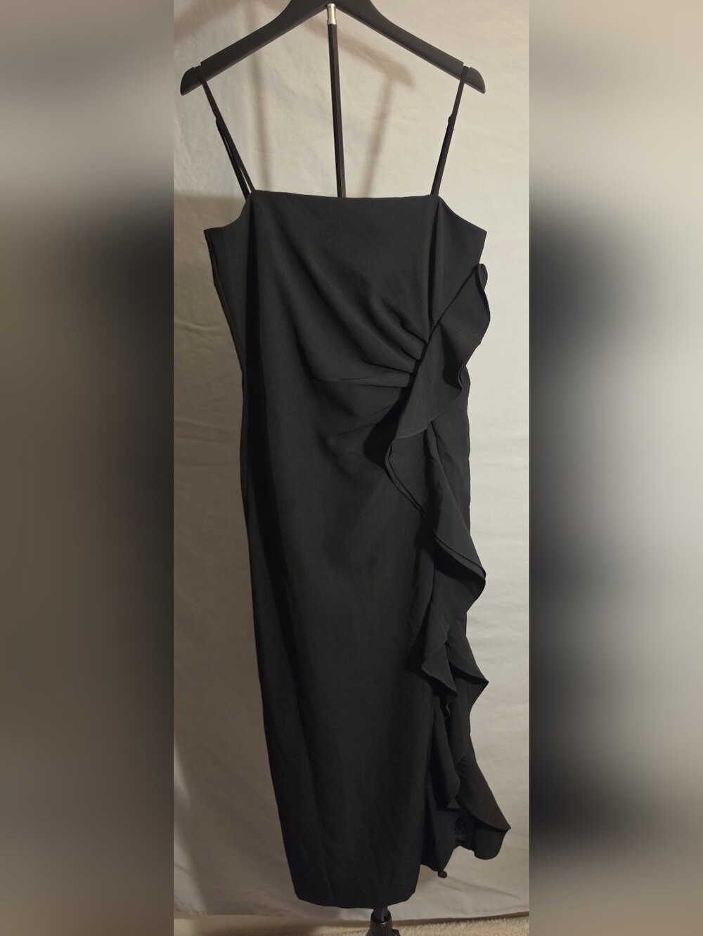 NWT Bardot Black Sheath Bodycon Midi Dress Ruffle Side Slit Spaghetti Straps 10